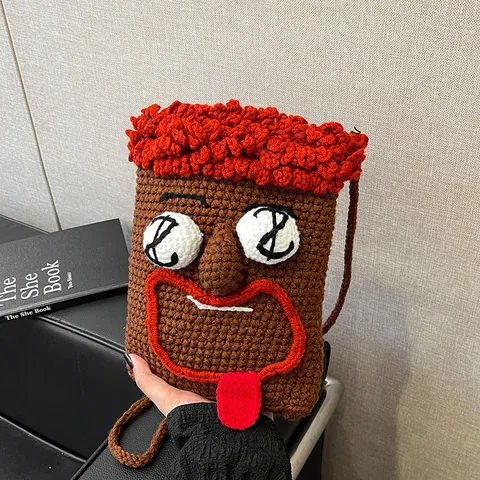 Lustige Handgestrickte Monster Cartoon Gesicht Umhängetasche Für Damen Einzigartige Häkel Kleine Schultertasche Trendy Mini Handtasche