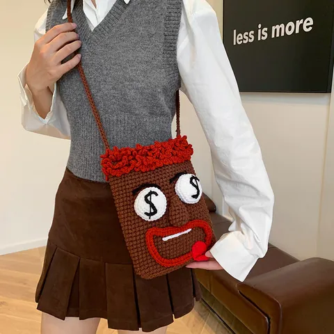 Lustige Handgestrickte Monster Cartoon Gesicht Umhängetasche Für Damen Einzigartige Häkel Kleine Schultertasche Trendy Mini Handtasche