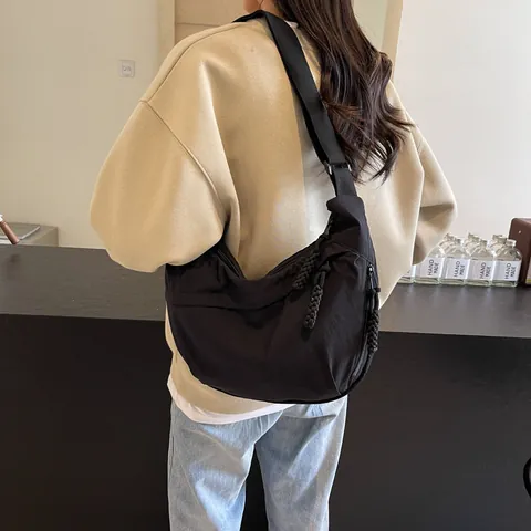 Women Urban Minimalist Canvas Dumpling Bag Large Capacity Crossbody Hobo Shoulder Bag Braided Zipper Pull Commuting School Satchel