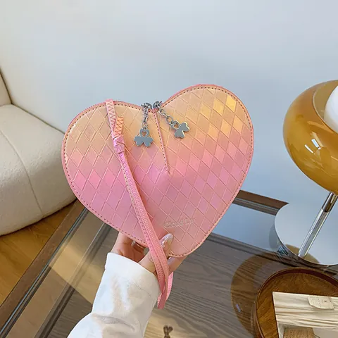 Mode Herzförmig Gesteppte Umhängetasche Für Damen Irisierend PU Leder Schultertasche Mit Kleeblatt Reißverschluss Elegante Handtasche