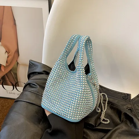 Korean Fashionable Women Rhinestone Bucket Bag 2024 Commuter Niche Design Chain Crossbody Handbag Canvas Messenger Bag