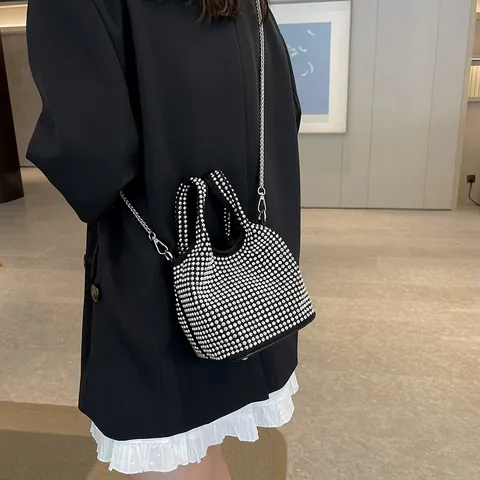 Korean Fashionable Women Rhinestone Bucket Bag 2024 Commuter Niche Design Chain Crossbody Handbag Canvas Messenger Bag