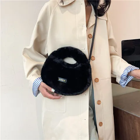 Nuevo Bolso de Mano de Peluche Versátil Para Mujer Moda Simple Color Sólido Forma de Dumpling Bolso de Hombro Bandolera Accesorio de Tendencia