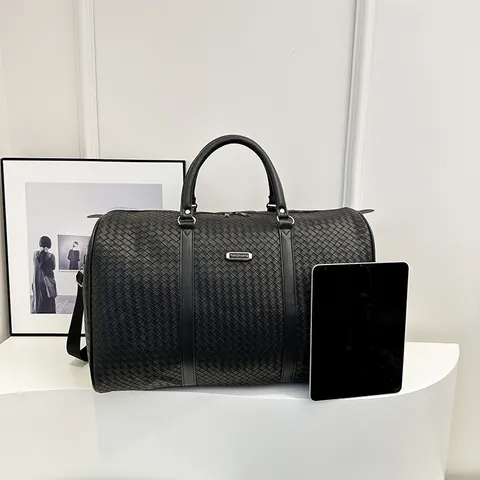 Borsa da Viaggio Intrecciata Grande Capacità per Donna Impermeabile in Pelle PU Borsone per Palestra Business Manico Trolley Nero