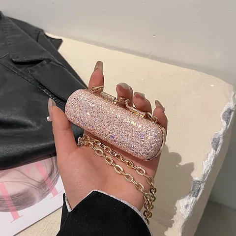 Elegant Sequin Mini Lipstick Bag For Women Luxury Shiny Evening Party Handbag Small Metal Chain Crossbody Shoulder Bag