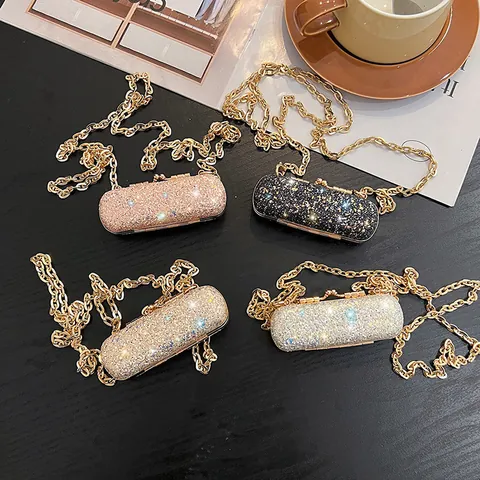 Elegant Sequin Mini Lipstick Bag For Women Luxury Shiny Evening Party Handbag Small Metal Chain Crossbody Shoulder Bag
