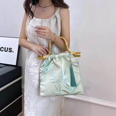 Vintage Bamboo Handle Handbag For Women New Chinese Style Bamboo Leaf Print Satin Pleated Bag With Tassel Green Luxury Bag