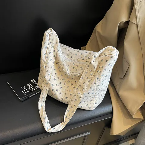 Bolso Tote de Lona Floral para Mujer Bolso de Hombro Estampado de Moda Nicho Bolso de Bandolera Versátil Bolso Hobo de Gama Alta