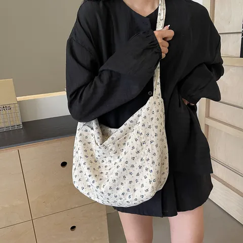 Bolso Tote de Lona Floral para Mujer Bolso de Hombro Estampado de Moda Nicho Bolso de Bandolera Versátil Bolso Hobo de Gama Alta