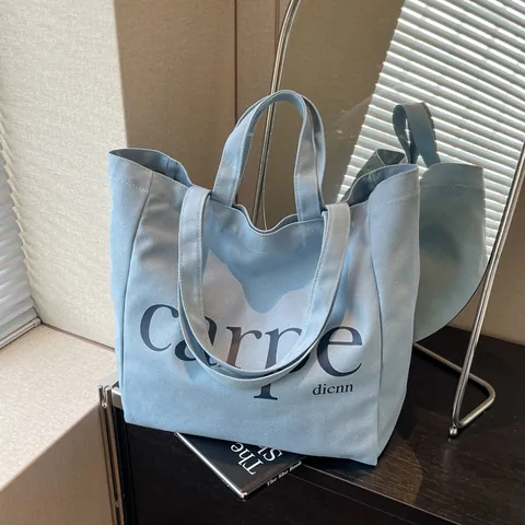 Women Large Capacity Fashion Canvas Tote Bag Letter Printed Shoulder Bag Casual Minimalist Shopper Bag For School Daily Use