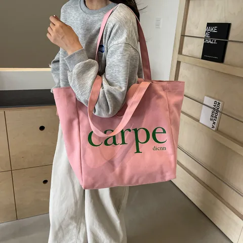 Women Large Capacity Fashion Canvas Tote Bag Letter Printed Shoulder Bag Casual Minimalist Shopper Bag For School Daily Use