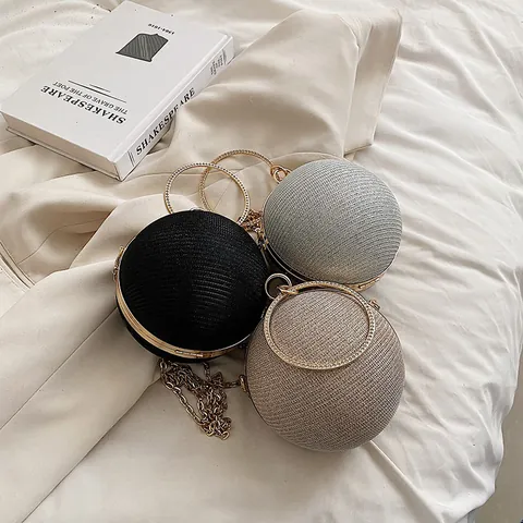Women Spherical Evening Clutch Bag Rhinestone Glitter Round Purse With Metal Ring Handle And Chain Strap For Party Wedding
