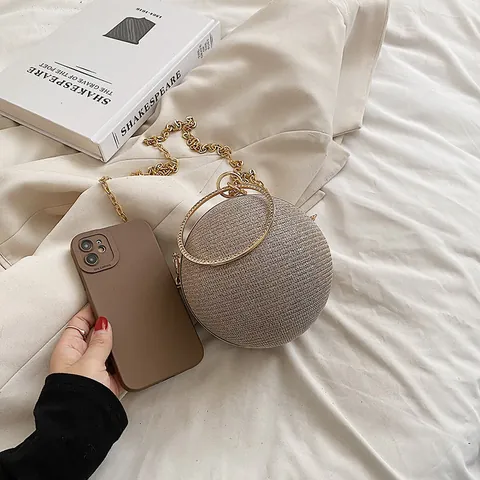 Women Spherical Evening Clutch Bag Rhinestone Glitter Round Purse With Metal Ring Handle And Chain Strap For Party Wedding