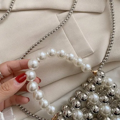 Damen Mini Künstliche Perle Quadratische Tasche Mode Handperlen Kette Umhängetasche Elegant Klein Transparent PVC Party Handtasche