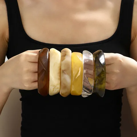 Irregular Wide Resin Bangle For Women Marble Texture Ink Wash Design Polished Acrylic Geometric Fashion Hand Jewelry Bracelet