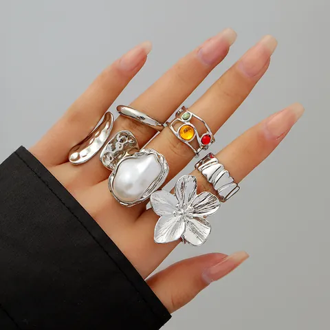 Vintage Baroque Alloy Liquid Lava Flower Open Ring Artificial Pearl Rhinestone Inlaid Adjustable Finger Ring Fashion Jewelry For Women