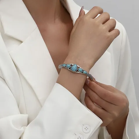 Bohemian Vintage Alloy Bangle Inlaid Artificial Turquoise Retro Hollow Carved Geometric Open Adjustable Cuff Bracelet Women Jewelry