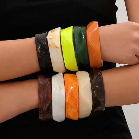 Irregular Wide Resin Bangle For Women Marble Texture Ink Wash Design Polished Acrylic Geometric Fashion Hand Jewelry Bracelet