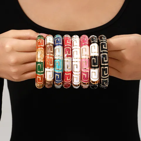 Vintage Enamel Glaze Zinc Alloy Bangle Women Geometric Meander Pattern Gold Plated Retro Fashion Wide Bracelet Jewelry