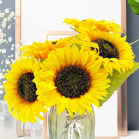 Girasol Artificial de Tela de Seda de Tallo Único para Centro de Mesa de Boda Decoración Floral Amarilla Realista para el Hogar