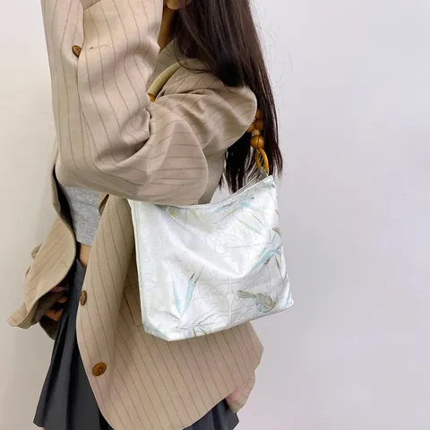 New Chinese Style Canvas Handbag Retro Bamboo Bird Print Crossbody Bag With Wooden Beaded Handle Fashion Women Tote Bag
