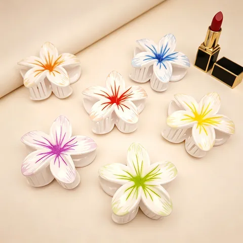 Summer Hawaiian Frangipani Hair Claw Clips For Women UV Printed Flower Shark Clips Cream White Plumeria Hair Accessories For Beach