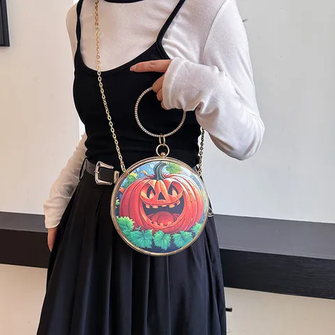 Women Round Transparent PVC Crossbody Bag Quirky Halloween Ghost Pumpkin Print Handbag Gold Chain Rhinestone Handle Fashion Bag