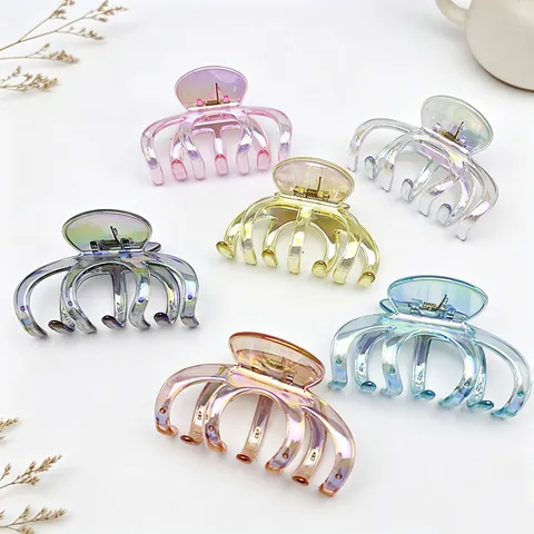 Grande Pince Crabe Forme de Citrouille Iridescente Électroplaquée Couleur AB Transparente Pince Requin Accessoire Cheveux Queue de Cheval Femme