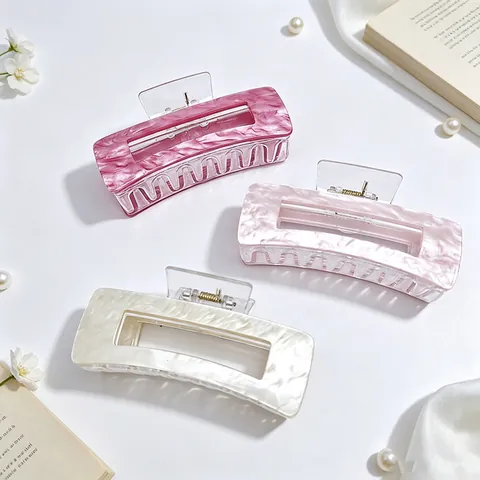 Large Acrylic Marble Pattern Hair Claw Clip Elegant Flowing Pattern Rectangle Cutout Shark Clip For Women Daily Styling Headwear