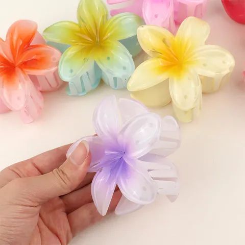 Women Bohemian Gradient Frangipani Hair Claw Clip Summer Beach Plumeria Flower Shark Clip Hair Styling Accessories