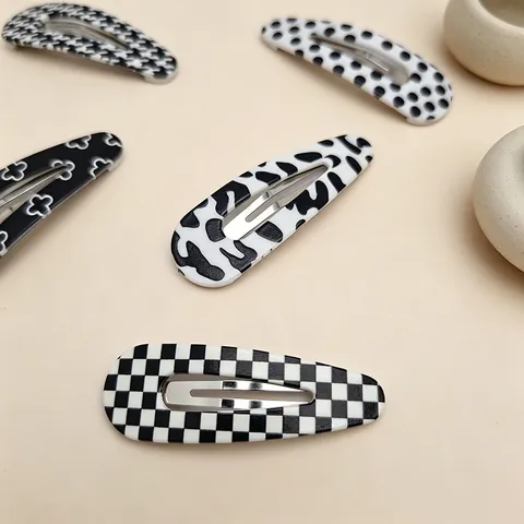 UV Printed Waterdrop Snap Hair Clips Black White Checkerboard Houndstooth Polka Dot Hairpins For Women Fashion Hair Accessories