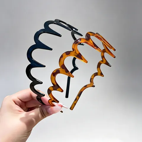 Korean Style Wavy Long Teeth Hair Hoop For Women Anti-slip PC Plastic High Top Hairband Tortoise Shell Leopard Print Black Hair Accessories