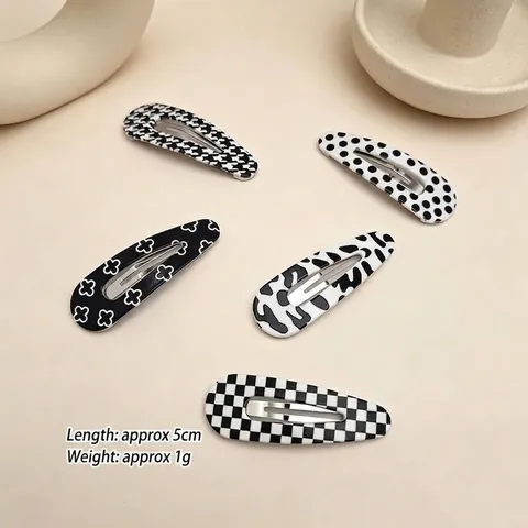 UV Printed Waterdrop Snap Hair Clips Black White Checkerboard Houndstooth Polka Dot Hairpins For Women Fashion Hair Accessories