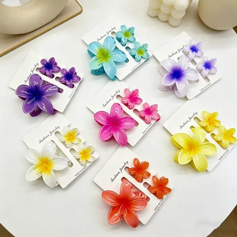 Plumeria Flower Hair Claw Clip 3-Piece Set Gradient Color Resin Shark Clip For Women Summer Beach Vacation Hair Accessories
