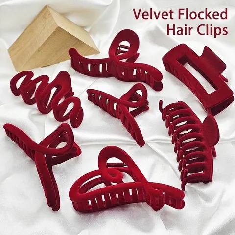 Women Large Flocking Velvet Hair Claw Clips Red Wine Red Autumn Winter Shark Clip Anti-slip Hair Accessories For Christmas New Year Festive Wedding Party