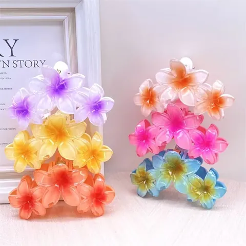 Frangipani Flower Hair Claw Clip For Women Summer Beach Vacation Gradient Floral Shark Clip Plastic Sweet Matte Headwear Styling Accessories