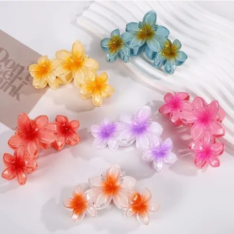 Frangipani Flower Hair Claw Clip For Women Summer Beach Vacation Gradient Floral Shark Clip Plastic Sweet Matte Headwear Styling Accessories