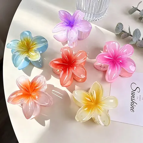 Women Bohemian Gradient Frangipani Hair Claw Clip Summer Beach Plumeria Flower Shark Clip Hair Styling Accessories