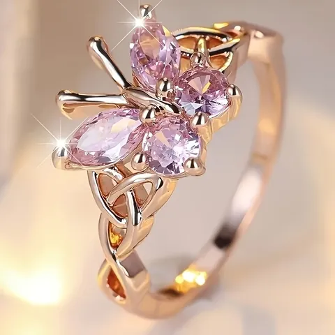 Pink Rhinestone Butterfly Ring For Women Rose Gold Plated Alloy Hollow Woven Band Fashion Jewelry Finger Ring Accessory