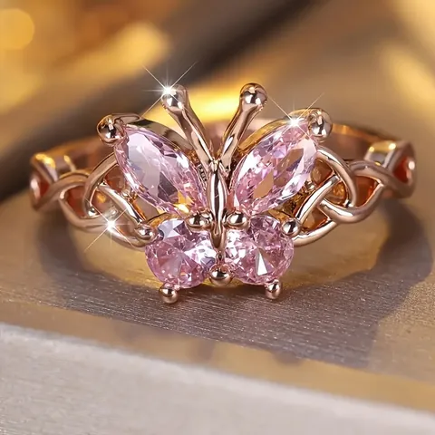 Pink Rhinestone Butterfly Ring For Women Rose Gold Plated Alloy Hollow Woven Band Fashion Jewelry Finger Ring Accessory