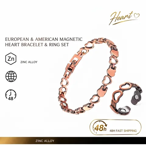 Vintage Hollow Heart Magnetic Bracelet And Ring Zinc Alloy Electroplated Therapeutic Heart Link Jewelry Accessories For Women