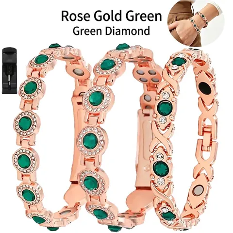 Elegante Bracciale Magnetico in Lega di Zinco Oro Rosa per Donna con Strass Verdi e Rosa Intarsiati Gioielli di Lusso Leggeri