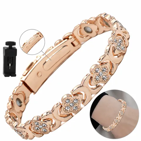 Fashion Zinc Alloy Lucky Clover Magnetic Bracelet For Women Inlaid Rhinestone Heart Shape Jewelry Bracelet Gift