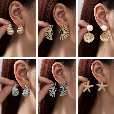 Summer Ocean Theme Starfish Conch Shell Stud Earrings Women Alloy Artificial Pearl Rhinestone Beach Jewelry Accessory