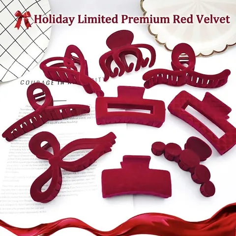 Burgundy Wine Red Flocked Hair Claw Clip Velvet Shark Clip For Christmas New Year Festive Autumn Winter Women Hair Accessories