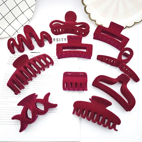 Burgundy Wine Red Flocked Hair Claw Clip Velvet Shark Clip For Christmas New Year Festive Autumn Winter Women Hair Accessories