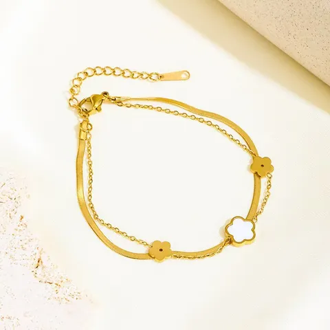 Stainless Steel Double Layered Bracelet Gold Plated Five Petal Flower Blade Snake Chain For Women Elegant Fashion Jewelry Gift
