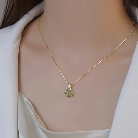 Vintage Titanium Steel Lucky Bag Hetian Jade Pendant Necklace For Women Gold Silver Rhinestone Inlaid Box O-Chain Necklace Jewelry Gift