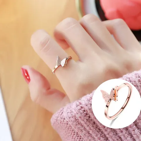 Fashion Titanium Double-Layer Frosted Butterfly Ring For Women Minimalist Personalized Rose Gold Gold Color Butterfly Animal Finger Ring Gift
