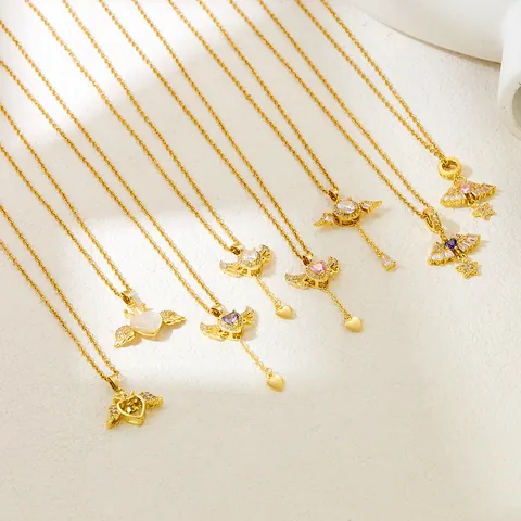 Angel Wings Pendant Necklace Copper Gold Plated Heart Zirconia Clavicle Chain For Women Fashion Jewelry